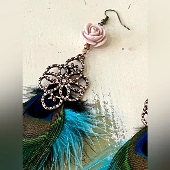NEW!! Heart Pink Stone Necklace Peacock Earrings Set Handmade Design - Picture 10 of 15